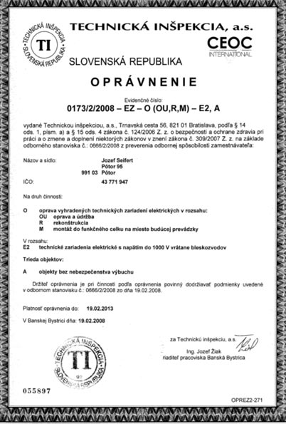 Technická inšpekcia - oprávnenie na revízie elektrozariadení do 1000V